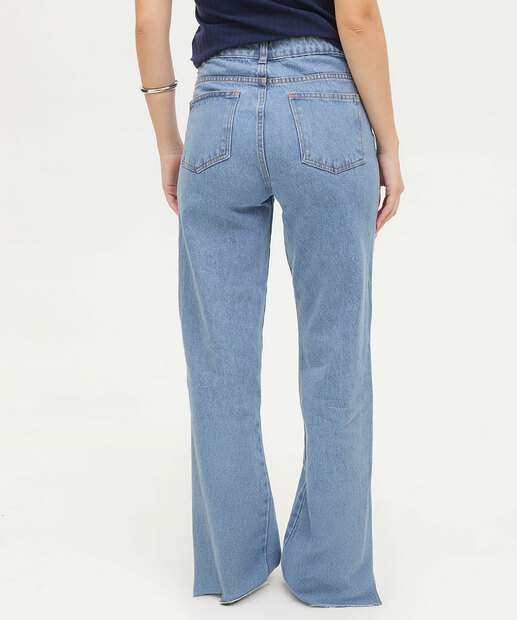 Calça Wide Leg Feminina Barra Desfiada Fenda