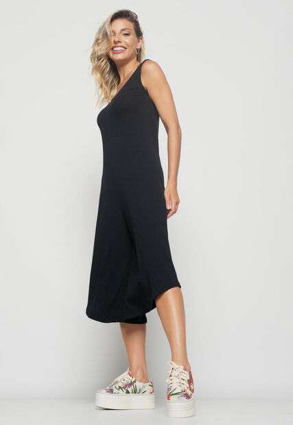 Macacão Regata  Pantacourt Canelado Preto