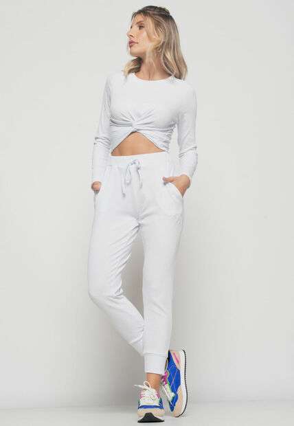 Cropped  Nó Manga Longa Canelada Branco Salvatore Fashion