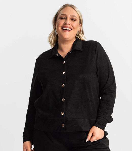 Casaco Plus Size Feminino Em Suede Secret Glam Preto
