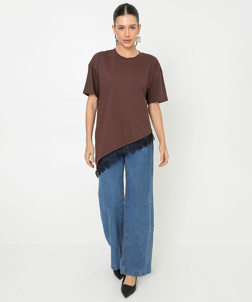 Camiseta Feminina Renda Assimétrica Marisa Marrom