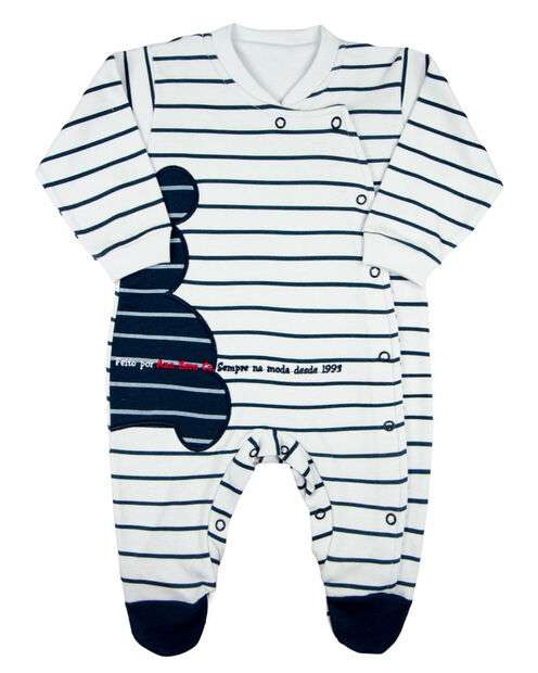 Macacao Bebe Longo Menino Suedine Listrado com Bordado Aplicados de Urso - Branc