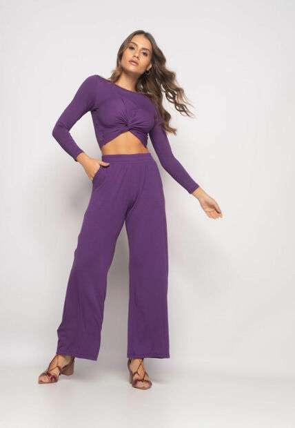 Conjunto Cropped Nó e Wide Leg Manga Longa Malha Roxo Salvatore