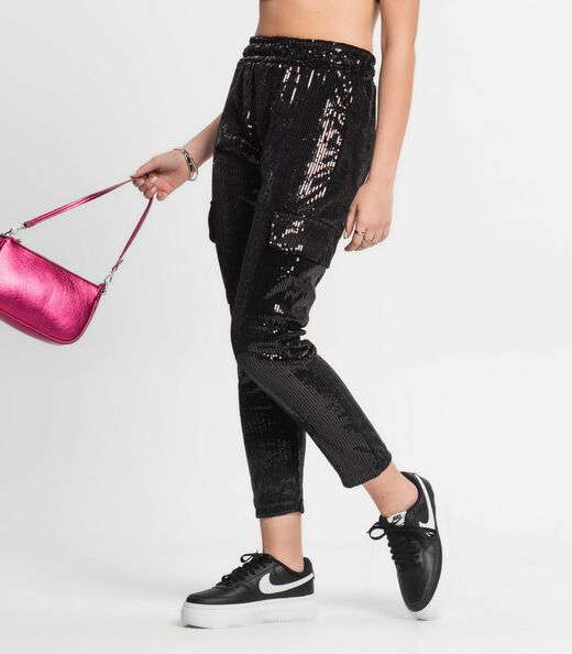 Calça Reta Juvenil Em Paetê Minty Preto