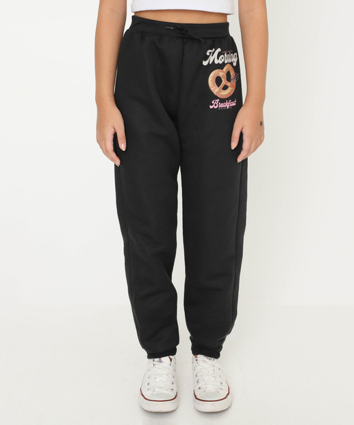 Calça Juvenil Moletom Estampada Marisa Tam 10 a 16 Preto