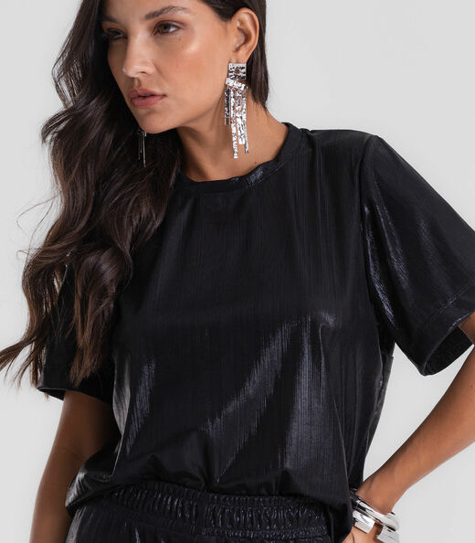 Blusa Feminina em Malha Plissada Cropped Dianna Preto