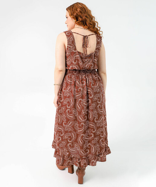 Vestido Plus Size Feminino Midi Paisley Marisa Marrom