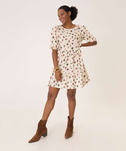 Vestido Feminino Curto Estampado Manga Bufante Marisa