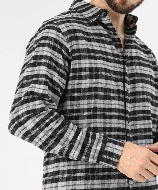 Camisa Masculina Xadrez Manga Longa Marisa Cinza