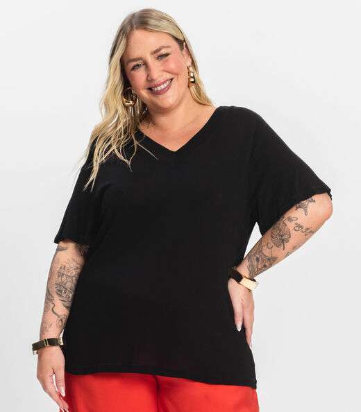 Blusa Visco Tricot Plus Size Secret Glam Preto
