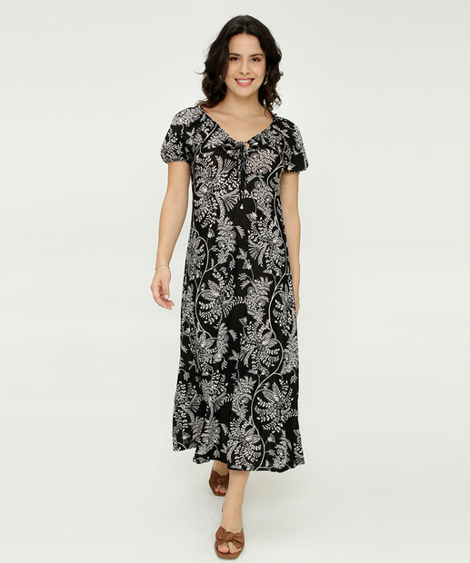Vestido Longo Feminino Folhas Manga Curta Marisa