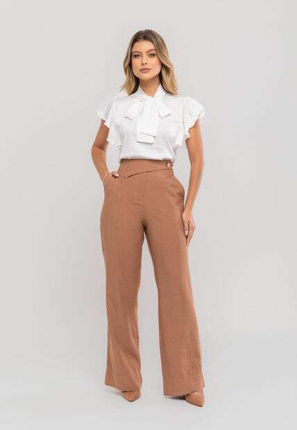 Blusa Feminina Com Laço na Gola e Manga Babado Branco Salvatore