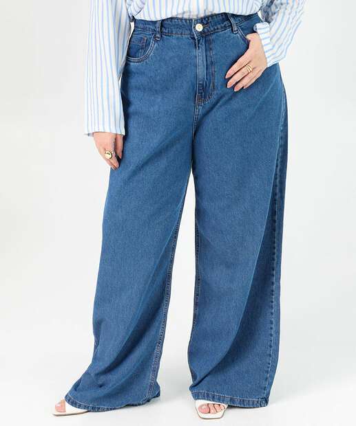 Calça Plus Size Feminina Wide Leg Jeans Azul