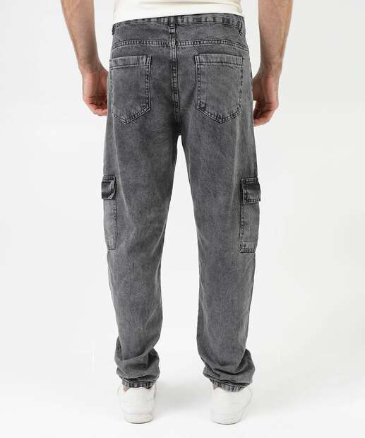 Calça Masculina Reta Jeans Cargo Preto