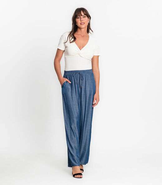 Calça Pantalona Com Cordão Em Liocel Rovitex Azul