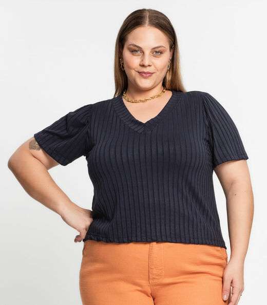 Blusa Canelada Plus Infinita Cor Azul