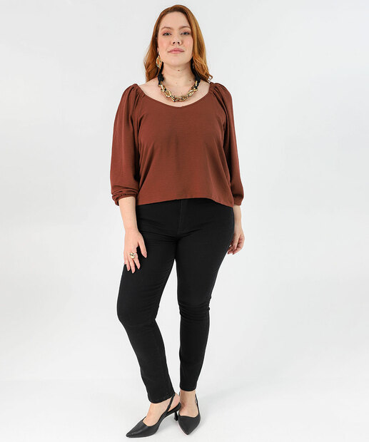 Blusa Plus Size Feminina Manga Princesa 7/8 Marisa Marrom