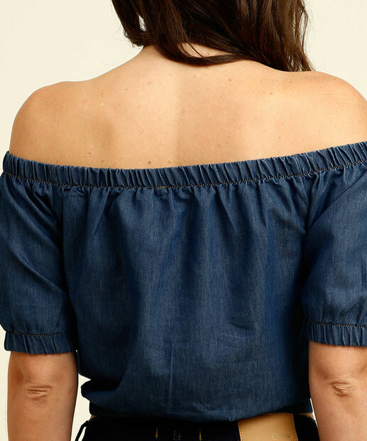 Blusa Cropped Ciganinha Feminina Jeans Botões Manga Curta