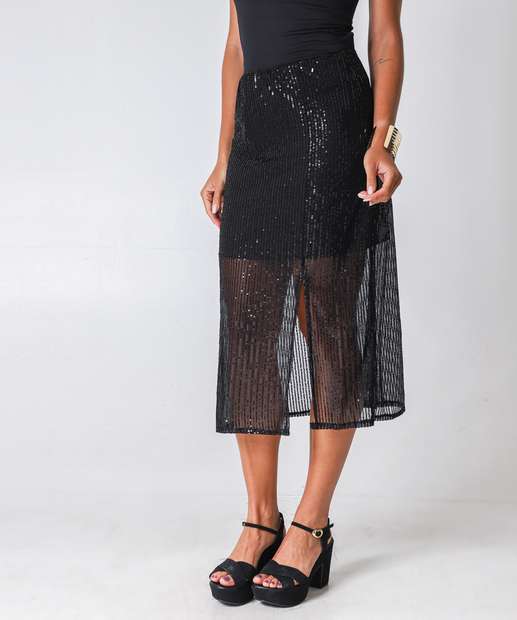 Saia Feminina Midi Reta Paetês Marisa Preta