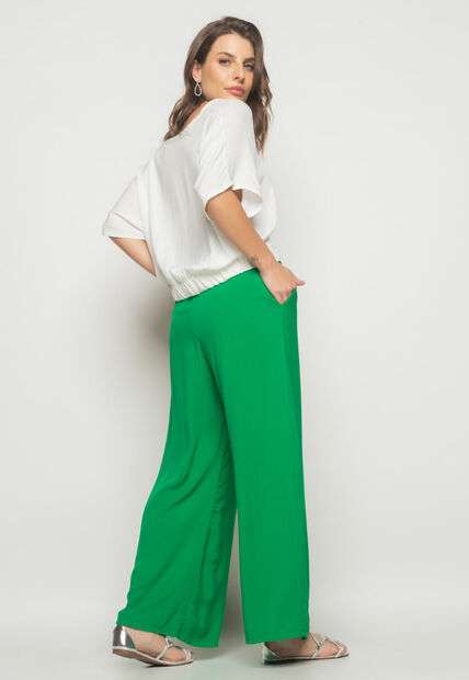 Calça Wide Leg Viscolinho Com Bolso Verde Salvatore Fashion