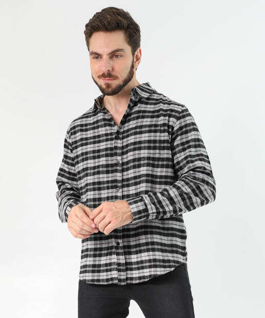 Image_Camisa Masculina Xadrez Manga Longa Marisa Cinza
