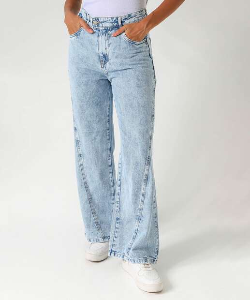 Calça Jeans Wide Leg Marmorizada Bolsos Feminina Azul