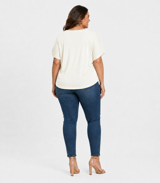Blusa Feminina Manga Curta Decote Em V Secret Glam Bege