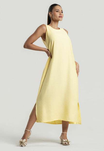 Vestido Midi Alfaiataria Marrant Regata Com Fendas e Bolsos Amarelo Salvatore