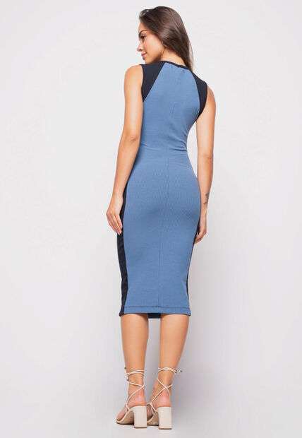 Vestido  Midi Recortes Malha Canelada Azul