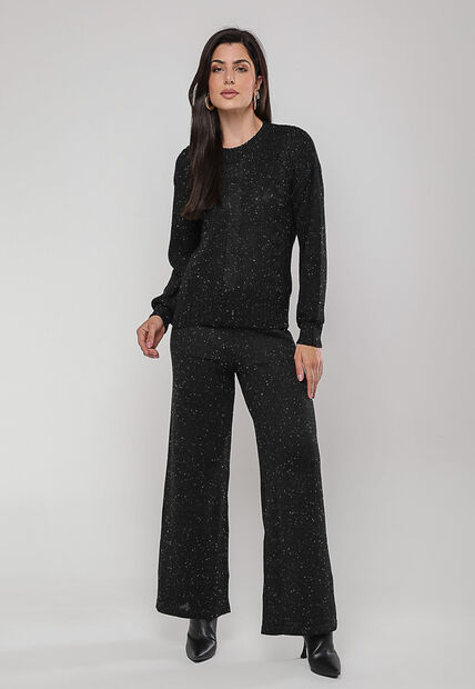 Cal?a De Tricot Em Fio Boton? Wide Leg Preto Salvatore