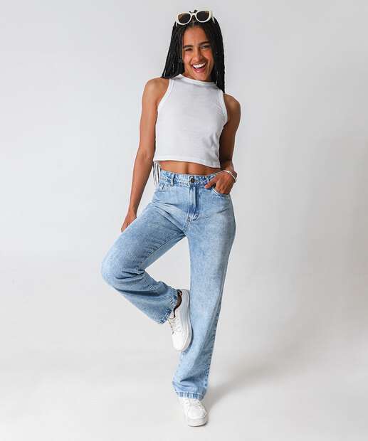 Image_Calça Jeans Reta Feminina Marmorizada Azul