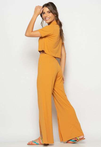 Conjunto Cropped Golão E Calça Fenda Frontal Malha Caramelo Salvatore