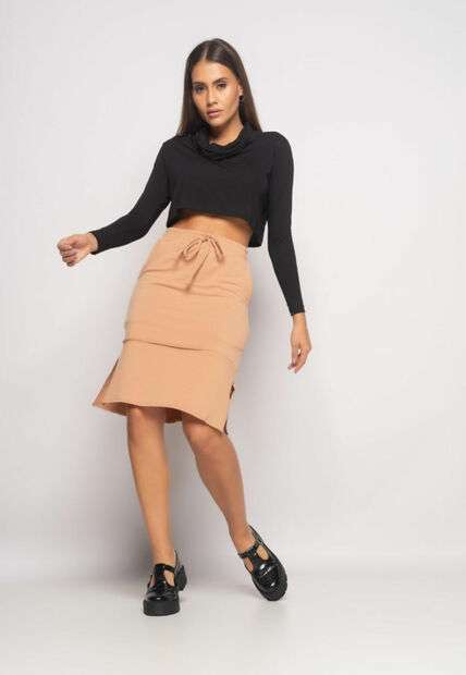 Saia Midi Com Recortes Malha Comfort Bege Salvatore Fashion