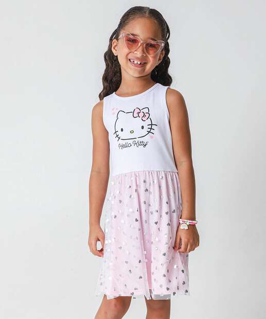Vestido Infantil Fantasia Tule Hello Kitty Tam 4 a 10 Branco