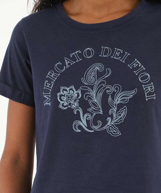 Blusa Feminina Estampa Flor Manga Curta Marisa Azul