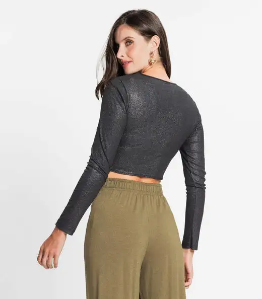 Blusa Feminina Em Ribana Canelada Lurex Rovitex Preto