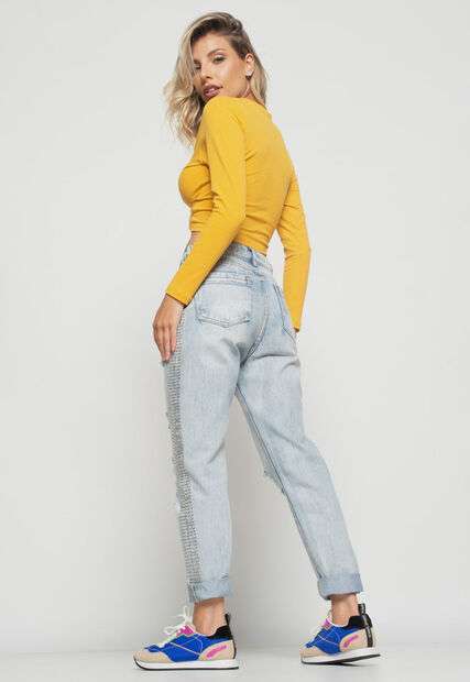 Cropped  Nó Manga Longa Canelada Mostarda Salvatore Fashion