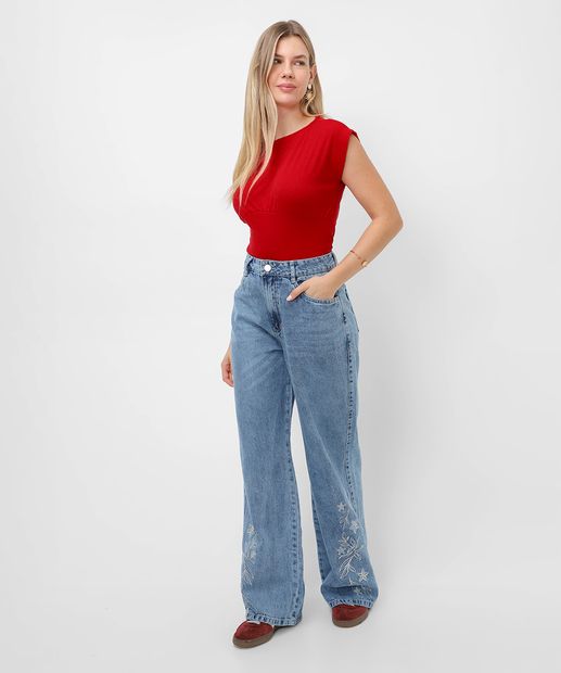 Image_Calça Wide Leg Bordado Feminina Jeans Marisa Azul