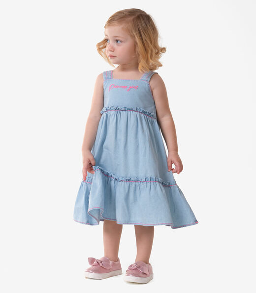 Vestido Infantil Jeans Com Bordado Trick Nick Azul