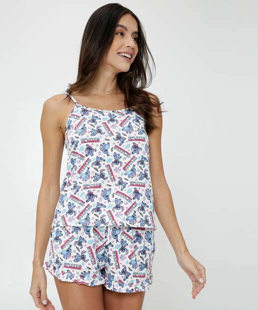 Pijama Feminino Estampa Stitch Alças Finas Disney