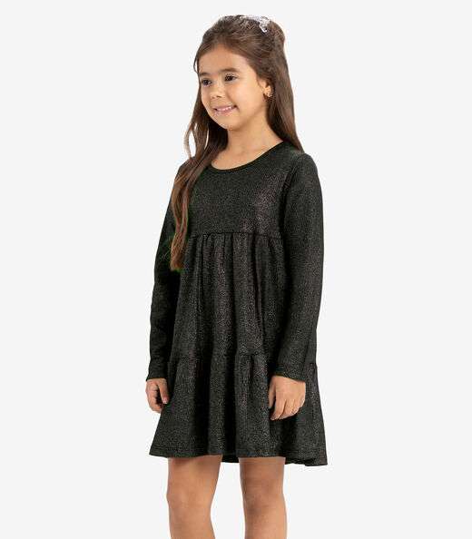 Vestido Infantil Manga Longa Canelado Rovi Kids Preto