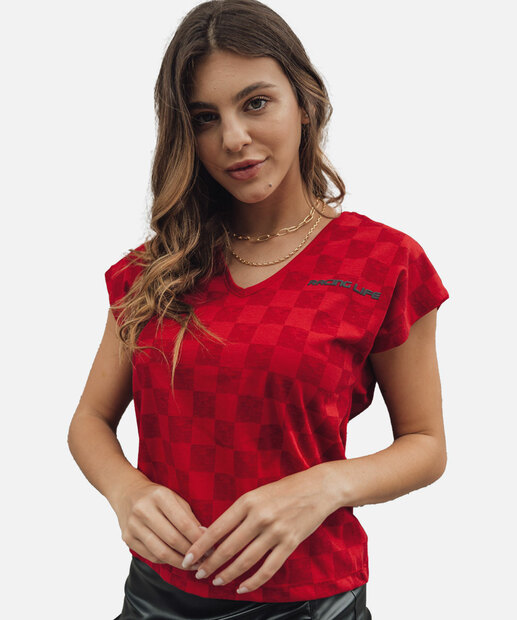 Blusa Feminina Estampa Xadrez Manga Curta Stock Car