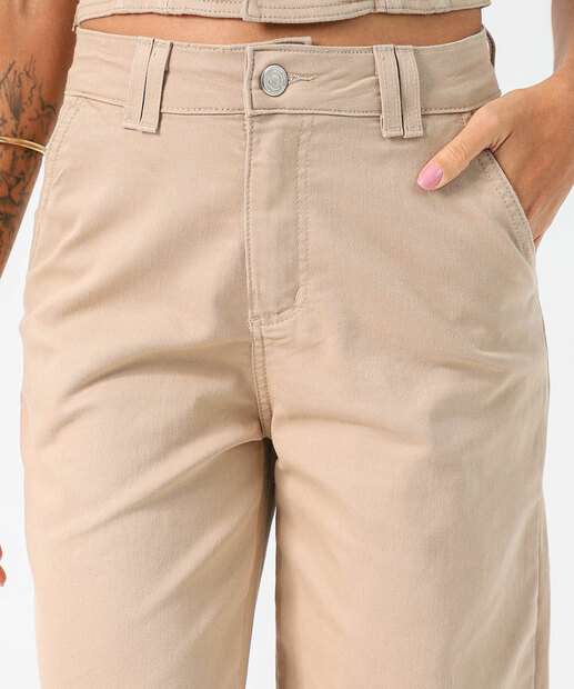 Calça Sarja Reta Feminina Bolsos Sawary Bege