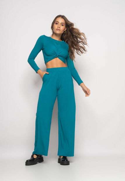 Conjunto Cropped Nó e Wide Leg Manga Longa Malha Azul Salvatore