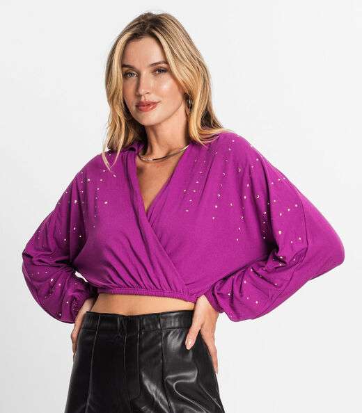 Camisa Feminina Manga Longa Com Strass Endless Roxo