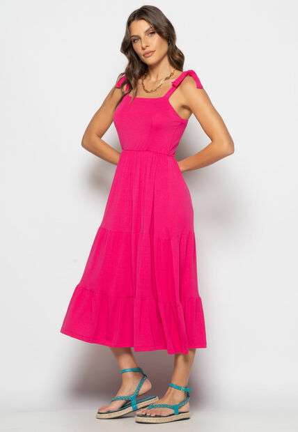 Vestido Midi Babado Com Alça Amarração Malha Rosa Salvatore