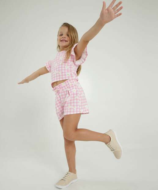 Blusa Infantil Manga Curta Babado Xadrez Marisa Tam 4 a 10
