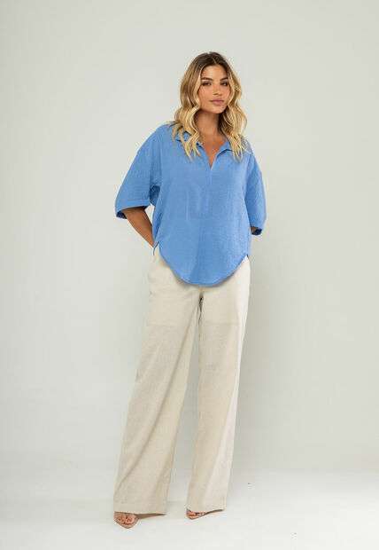 Blusa Ampla Manga Curta E Decote V Azul Salvatore