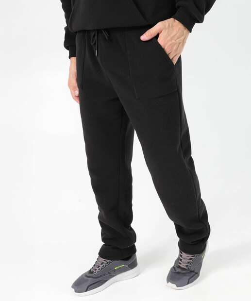 Calça Masculina Fitness Moletom Reta Bolsos MR Preto
