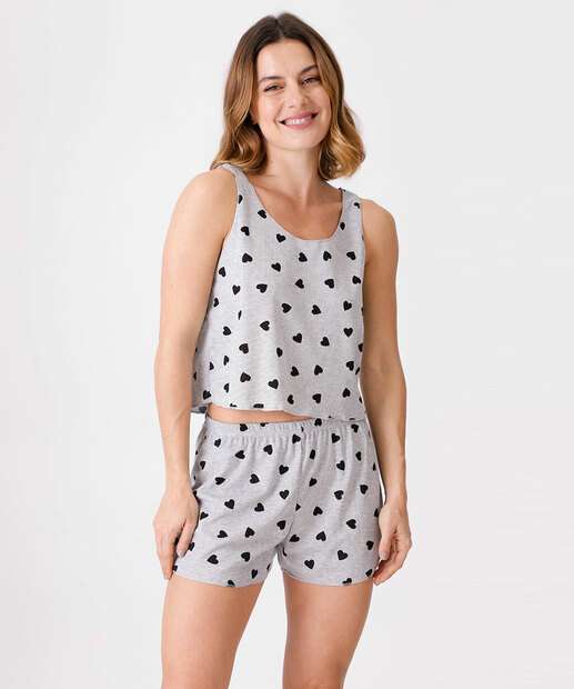 Pijama Feminino Canelado Coração Sem Manga Marisa